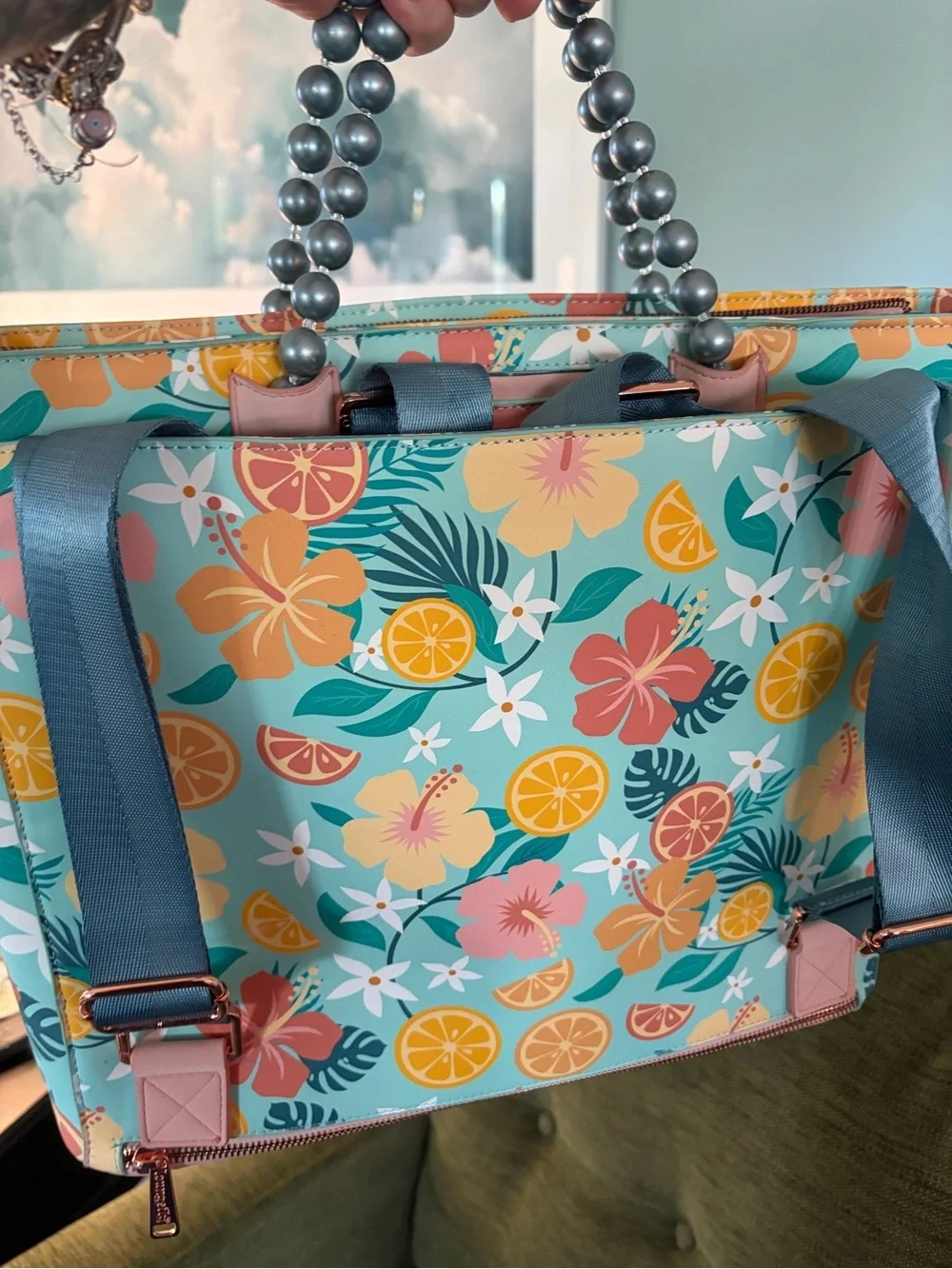 Loungefly Citrus Slice Tote in Yellow and Aqua with Pearl Accents